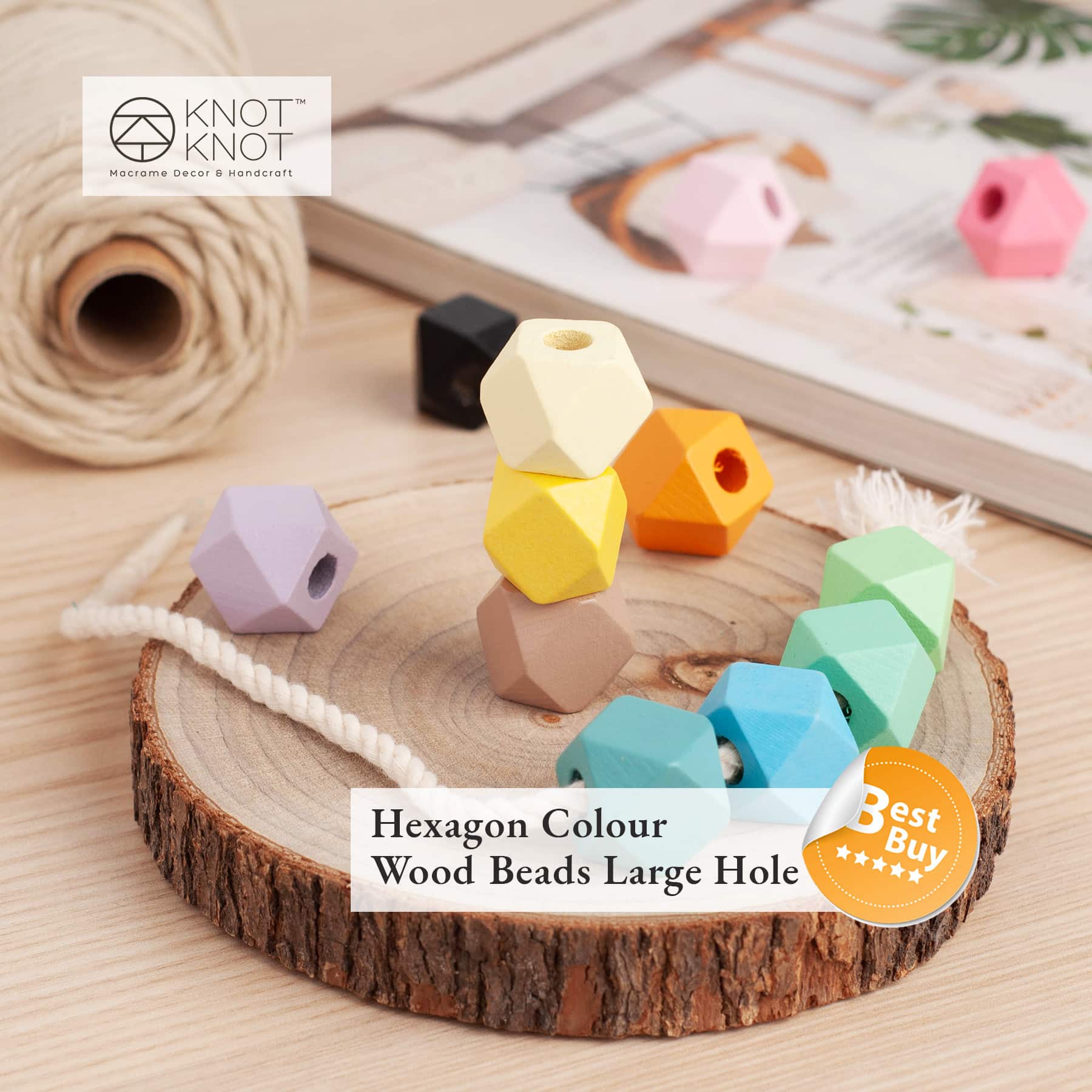 Hexagon Colour Wood Beads 16/20mm(10pcs/pk) Large Hole Macrame DIY  Handcraft, Home Decor, Handmade Bag & Accessories